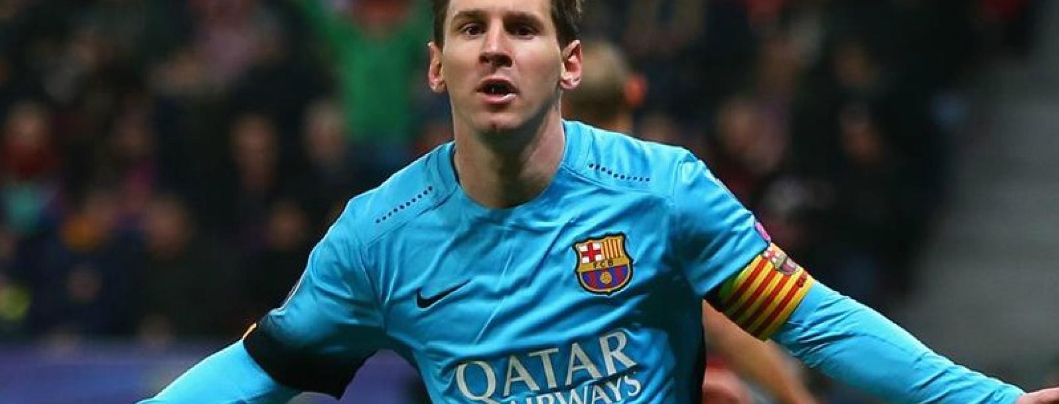 Lionel Messi celebrates his first goal against Arsenal. 