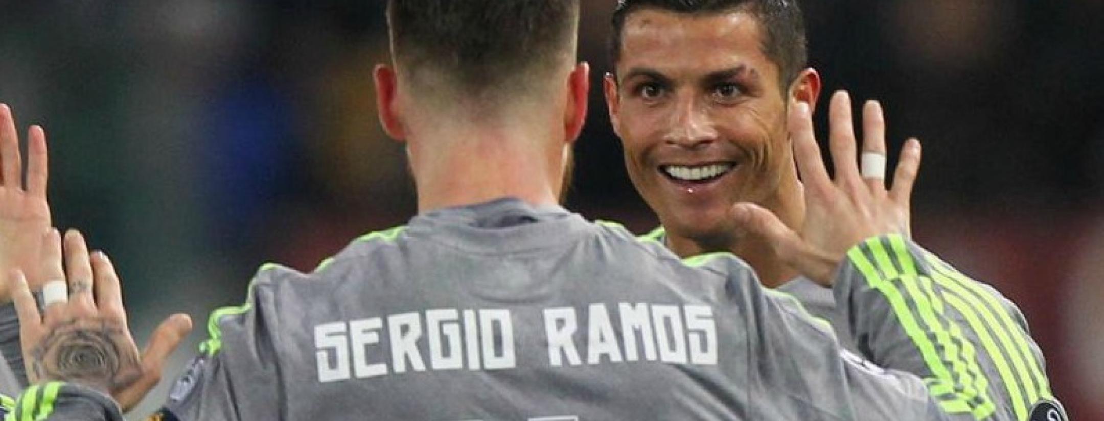 Cristiano Ronaldo celebrates his opening goal against AS Roma. 
