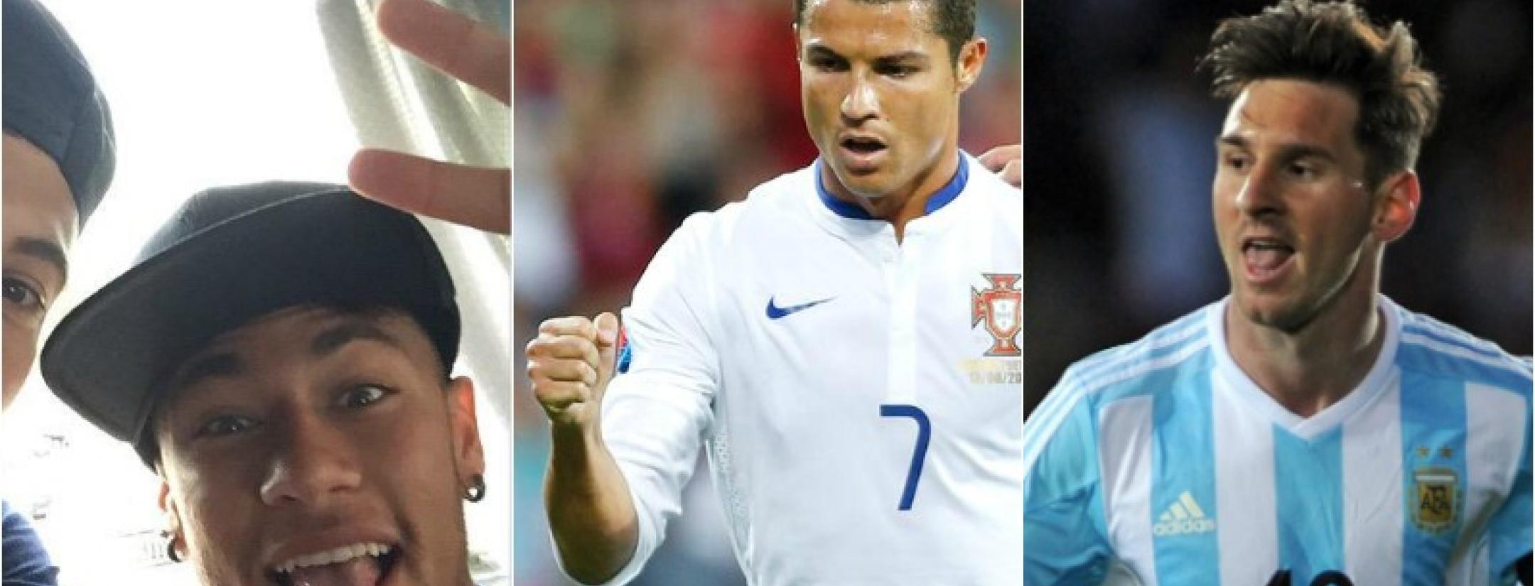 Neymar is shown happily smiling with his tongue out. Ronaldo is shown fist bumping in serious celebration. Messi is shown looking self satisfied.