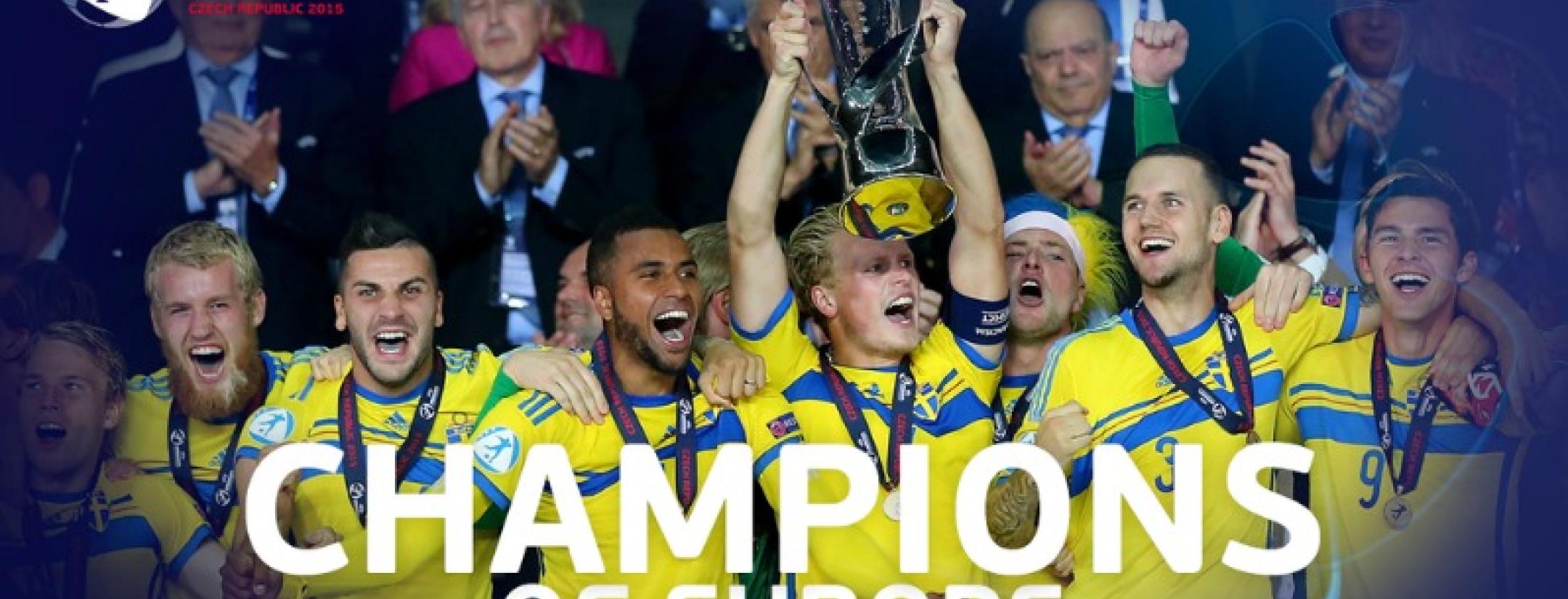 Sweden are shown hoisting the U21 Euro trophy.