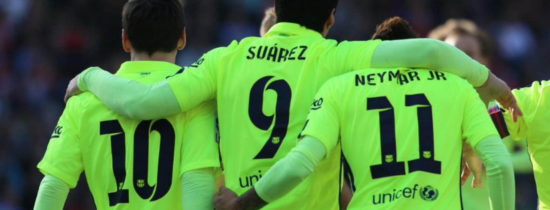 Neymar, Suarez, Messi go arm in arm.