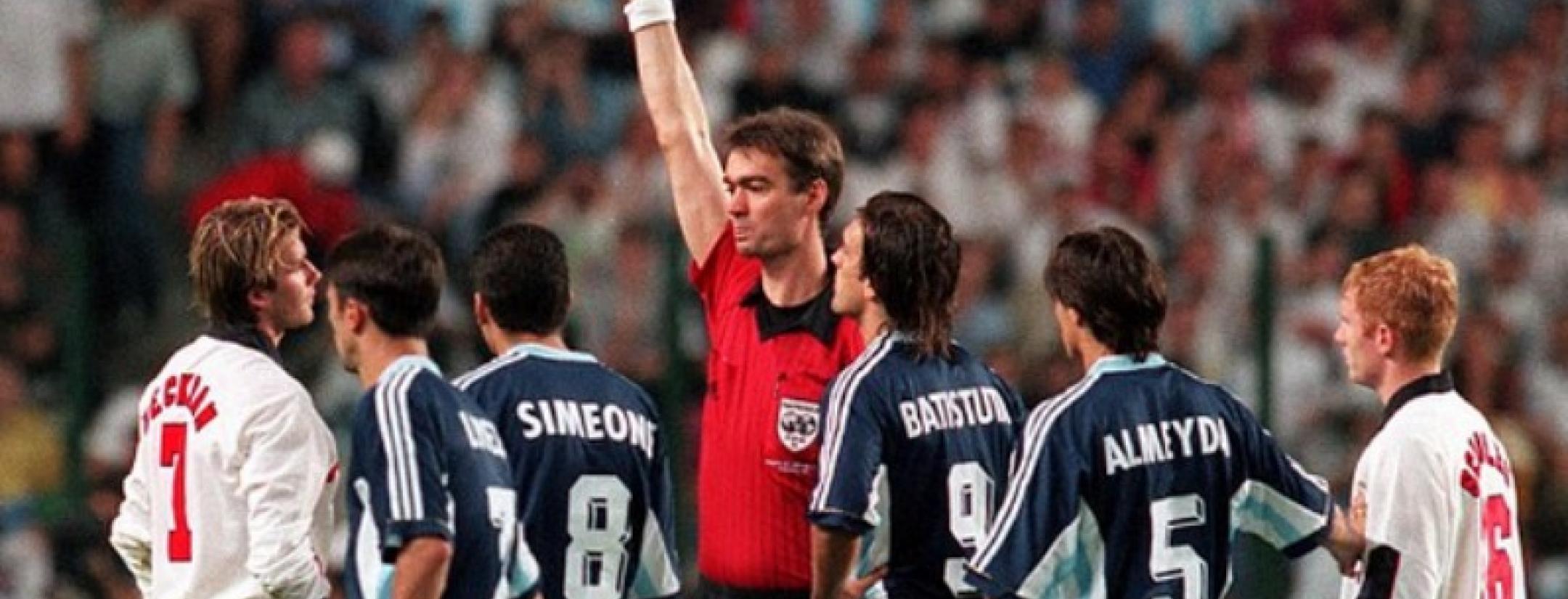 David Beckham receives a red card against Agrentina in 1998
