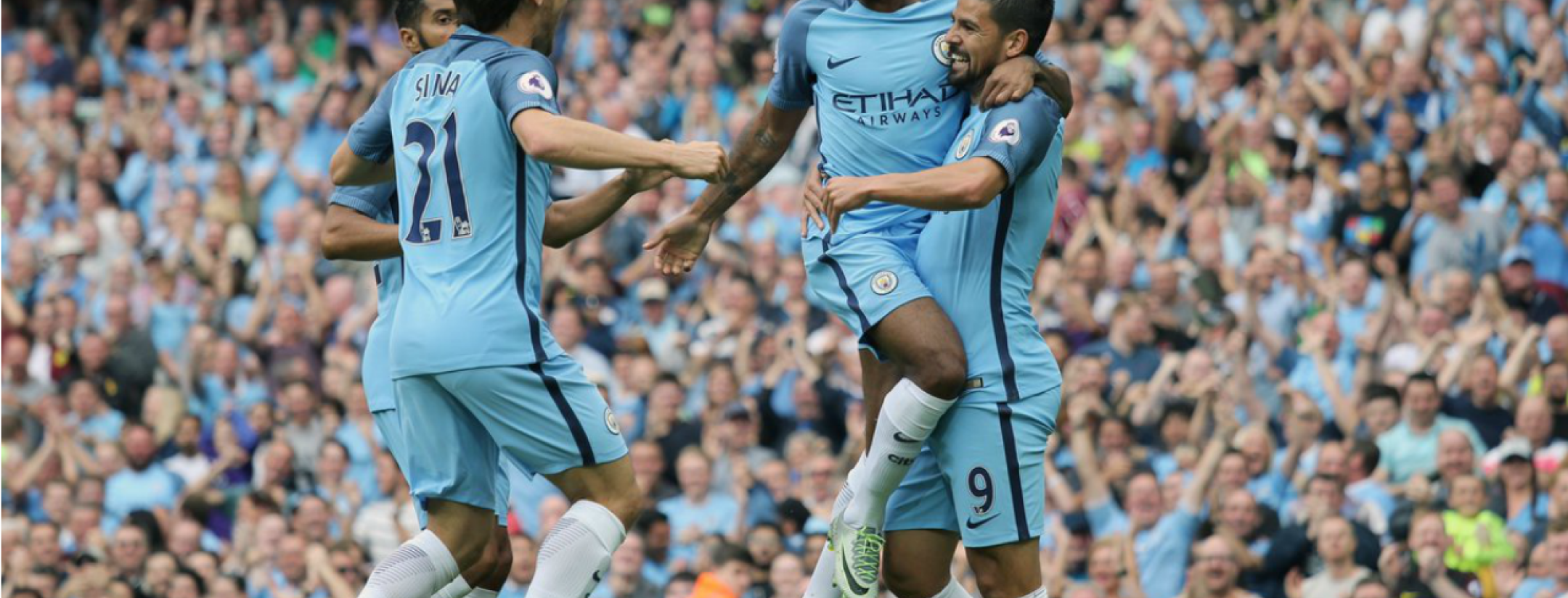 Raheem Sterling celebrates a Manchester City goal.
