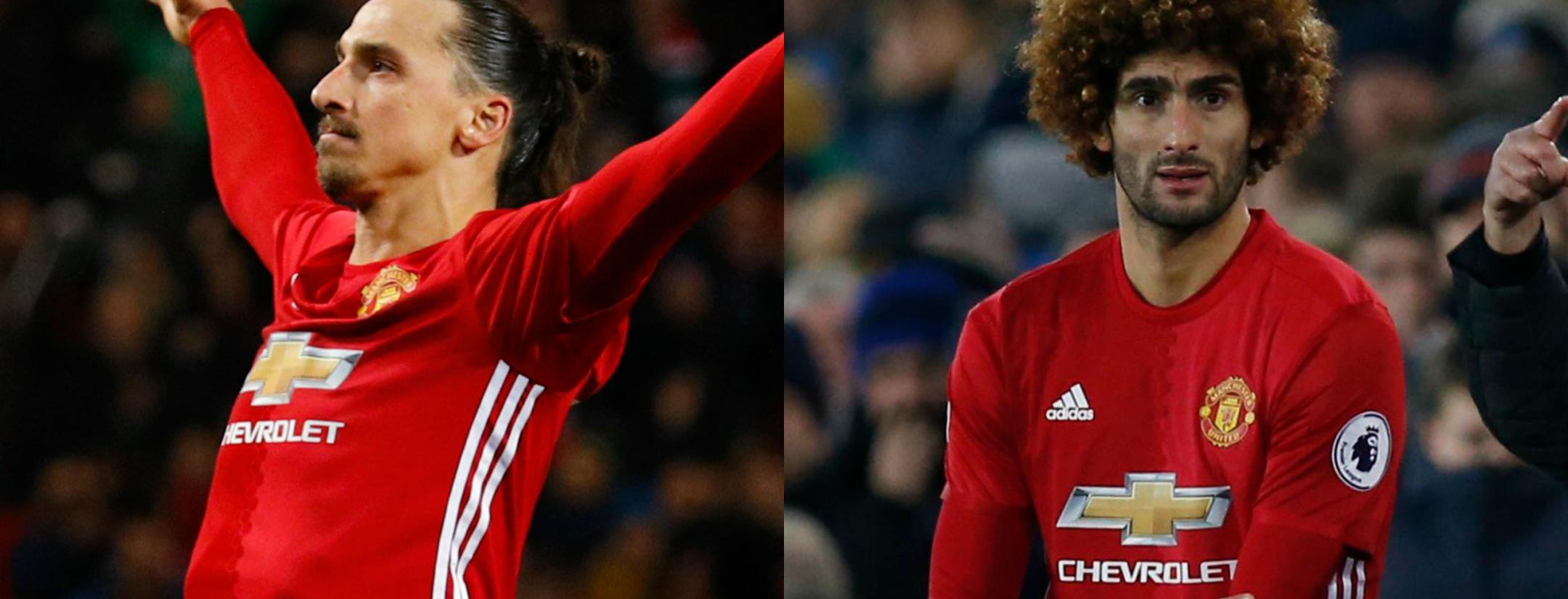 Zlatan celebrates an amazing chip-in versus Everton, Fellaini looks nervous before Mourinho puts him in