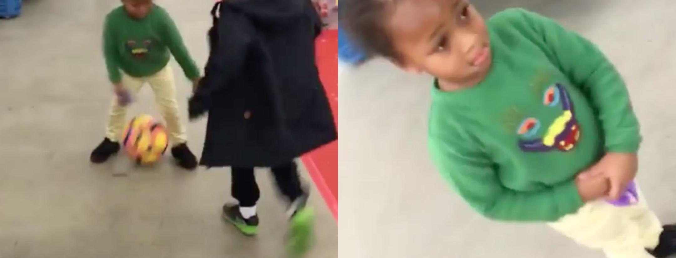 Kid nutmegs his sister in a store