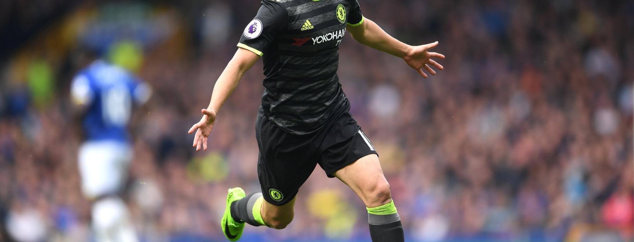 Pedro celebrates after a left-footed wonder goal for Chelsea against Everton