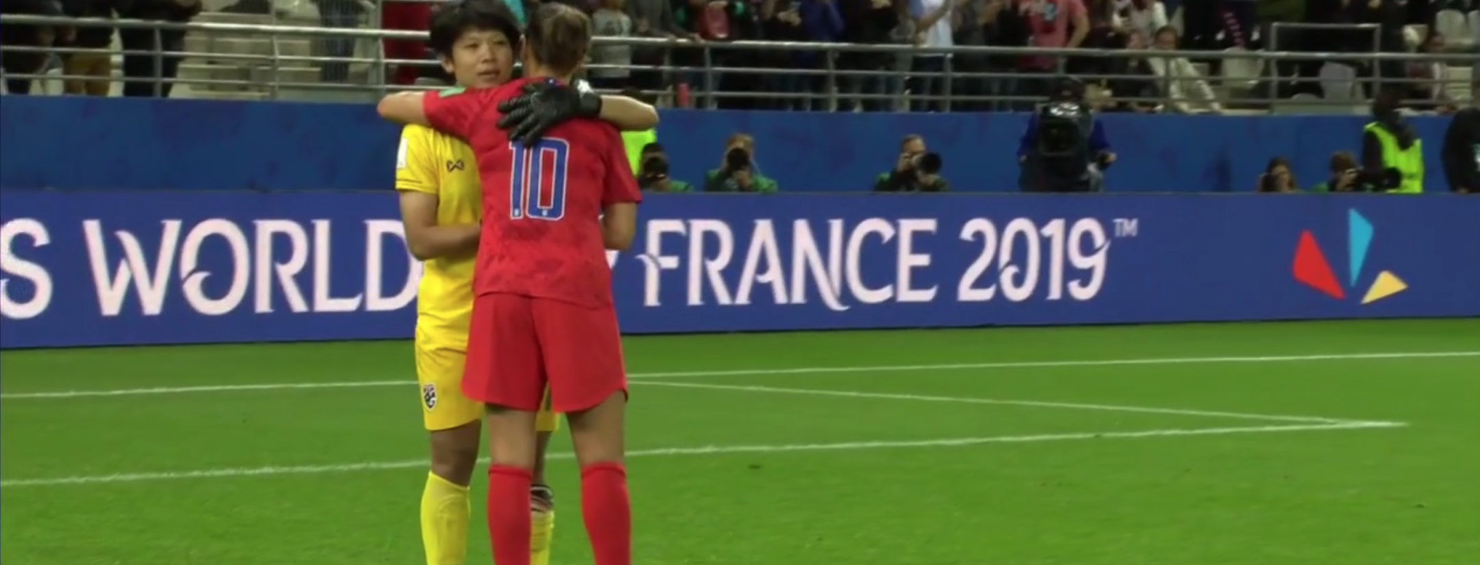 Thailand Goalkeeper Sukanya Chor Charoenying consoled by Carli Lloyd