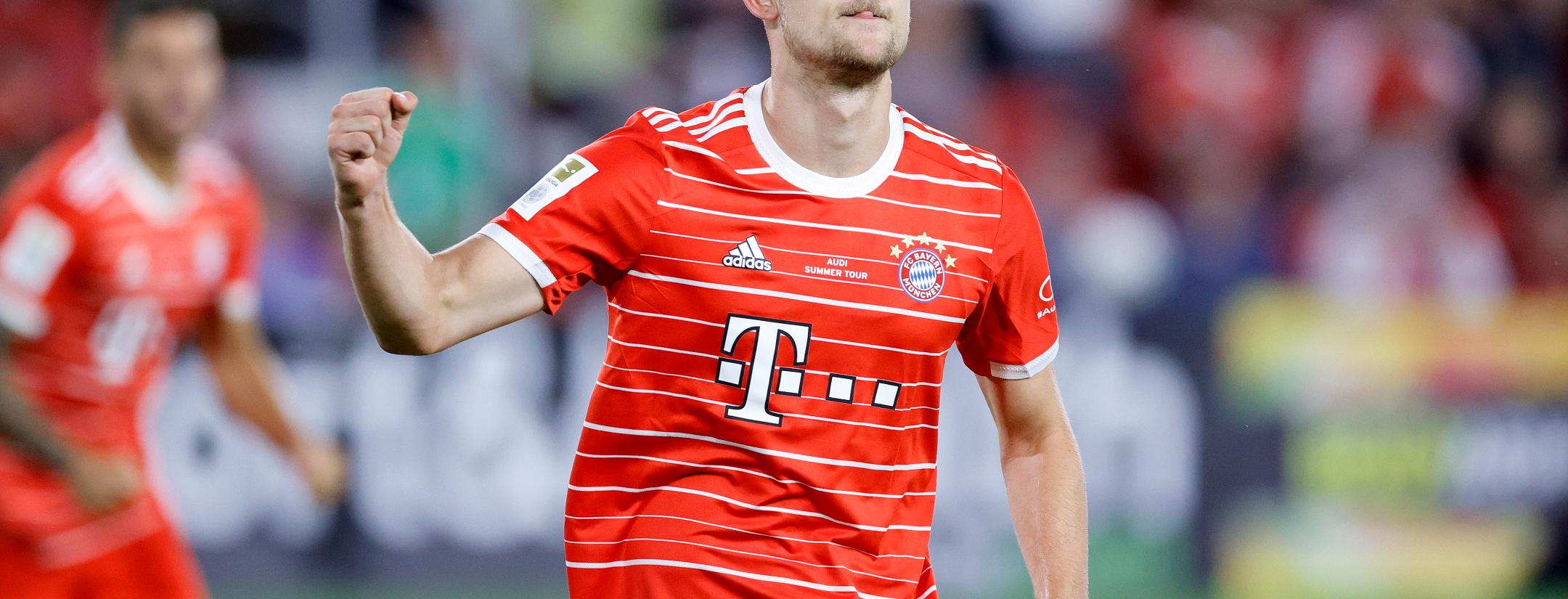 Matthijs de Ligt celebrates scoring a goal in his debut for Bayern Munich against DC United. De Ligt is among the best defenders at World Cup 2022.