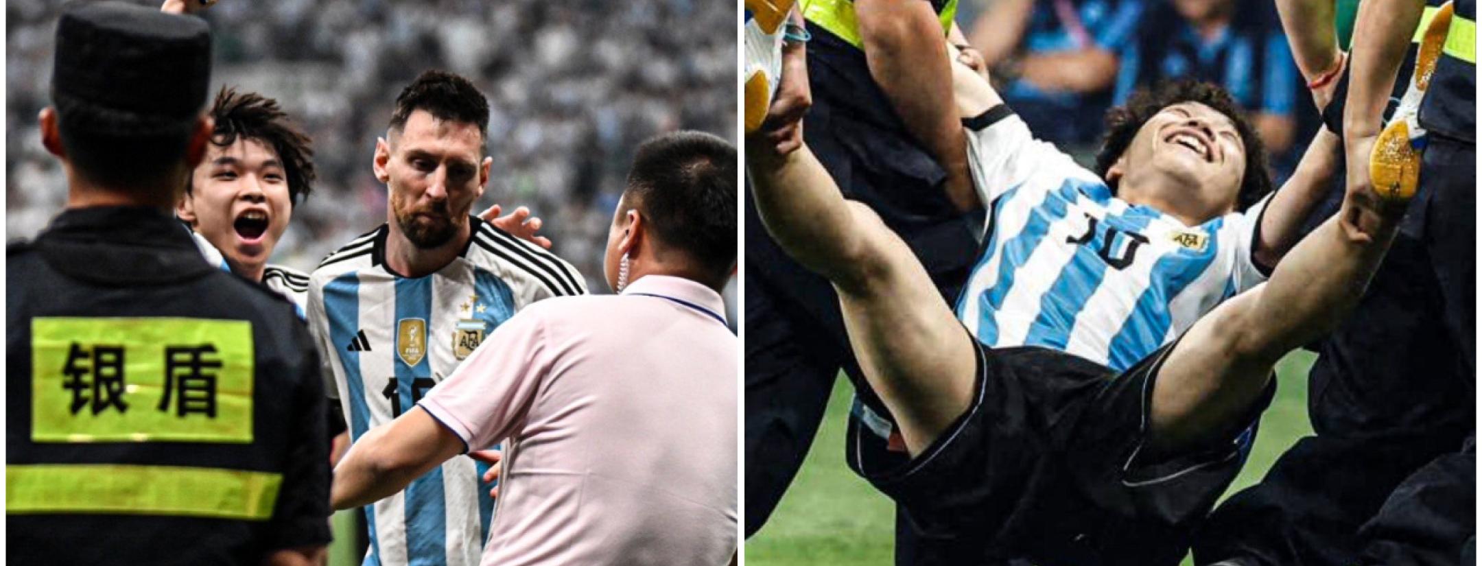Pitch invader hugs Messi
