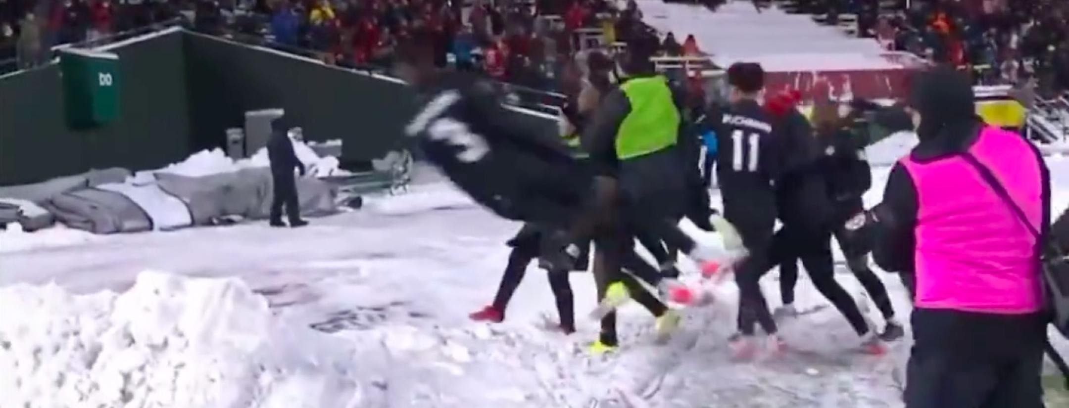 Sam Adekugbe snowbank celebration