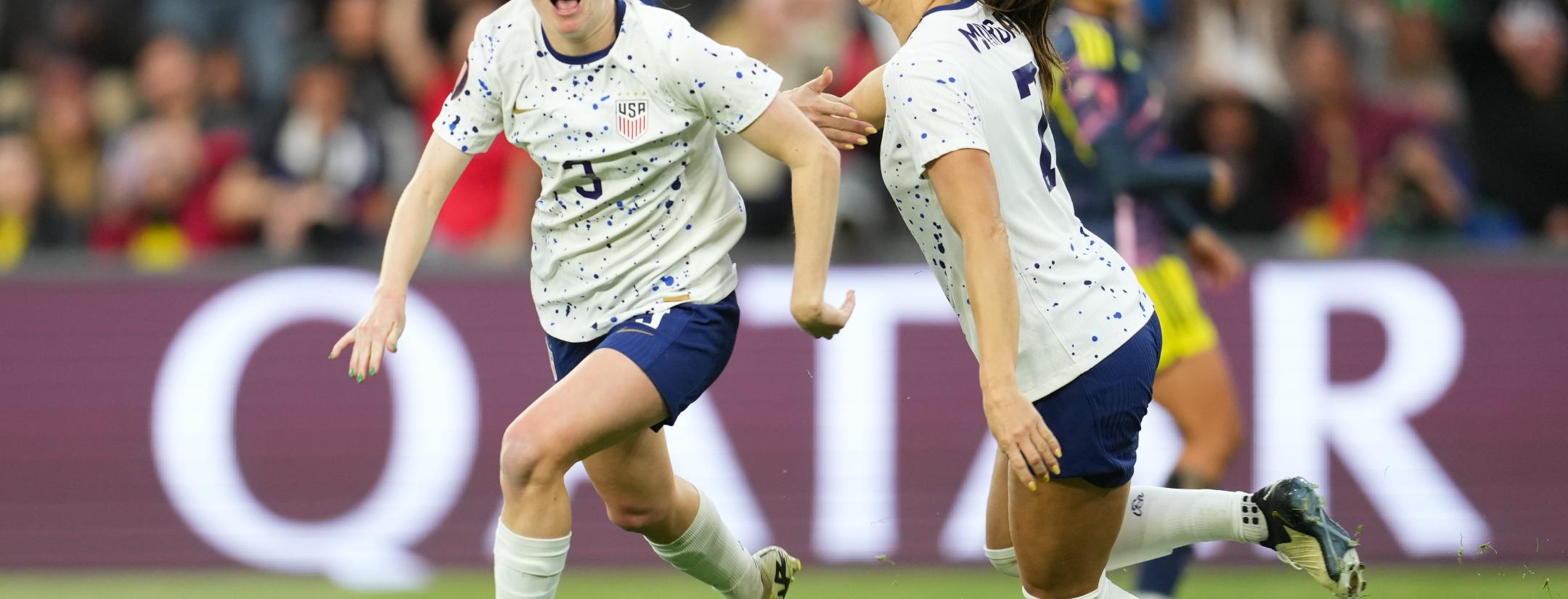 Jenna Nighswonger celebrates her goal against Colombia