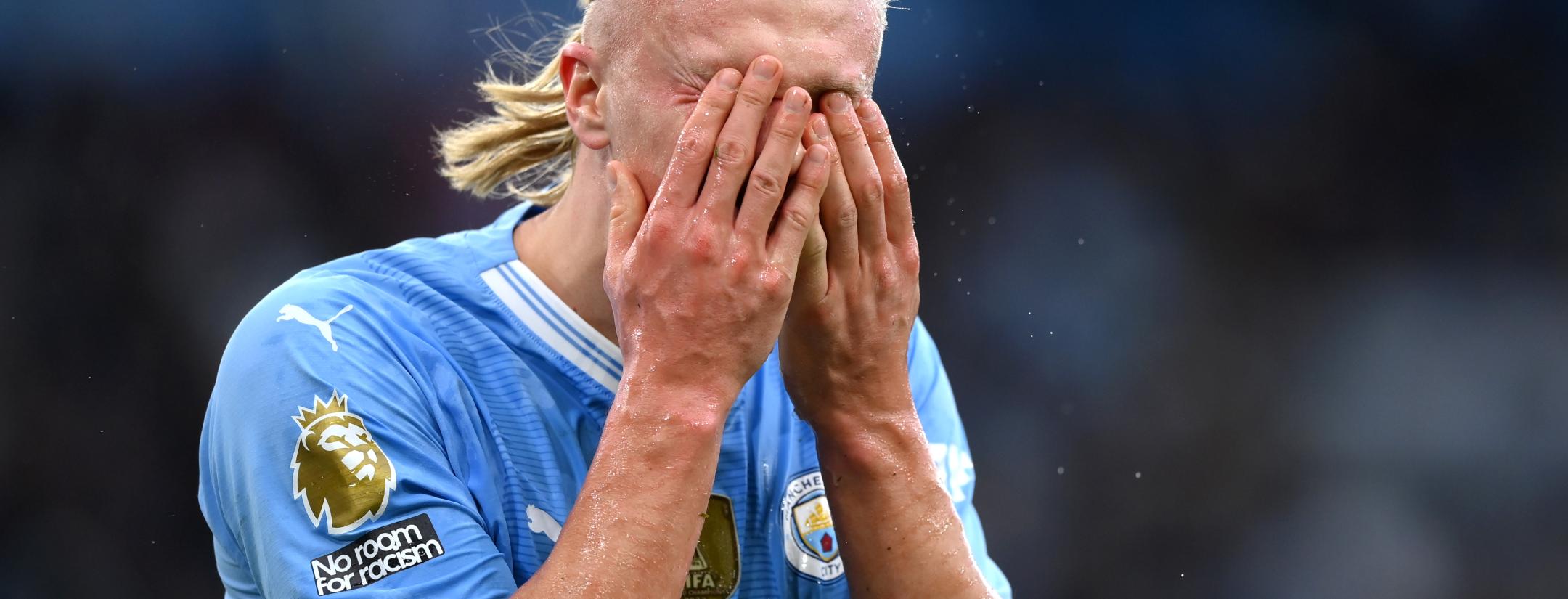 Erling Haaland reacts in Manchester City-Arsenal
