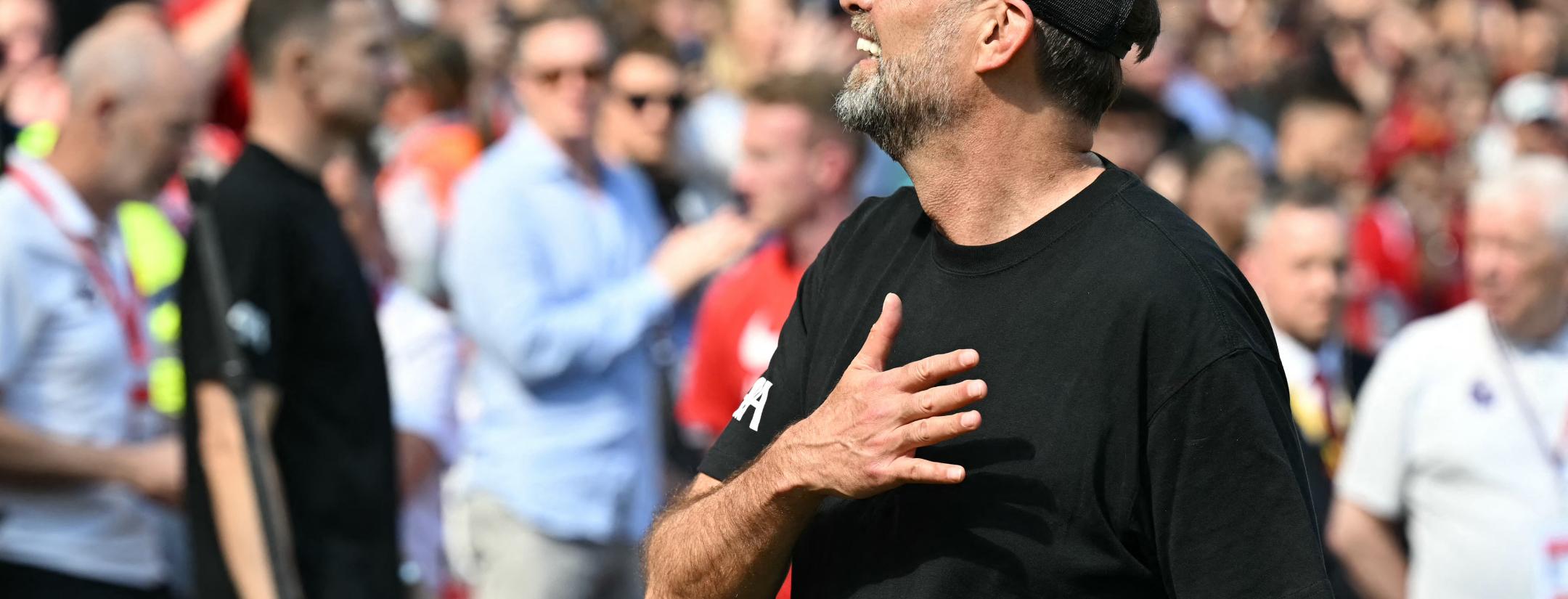 Jürgen Klopp reacts to fans at Anfield in Liverpool-Wolves