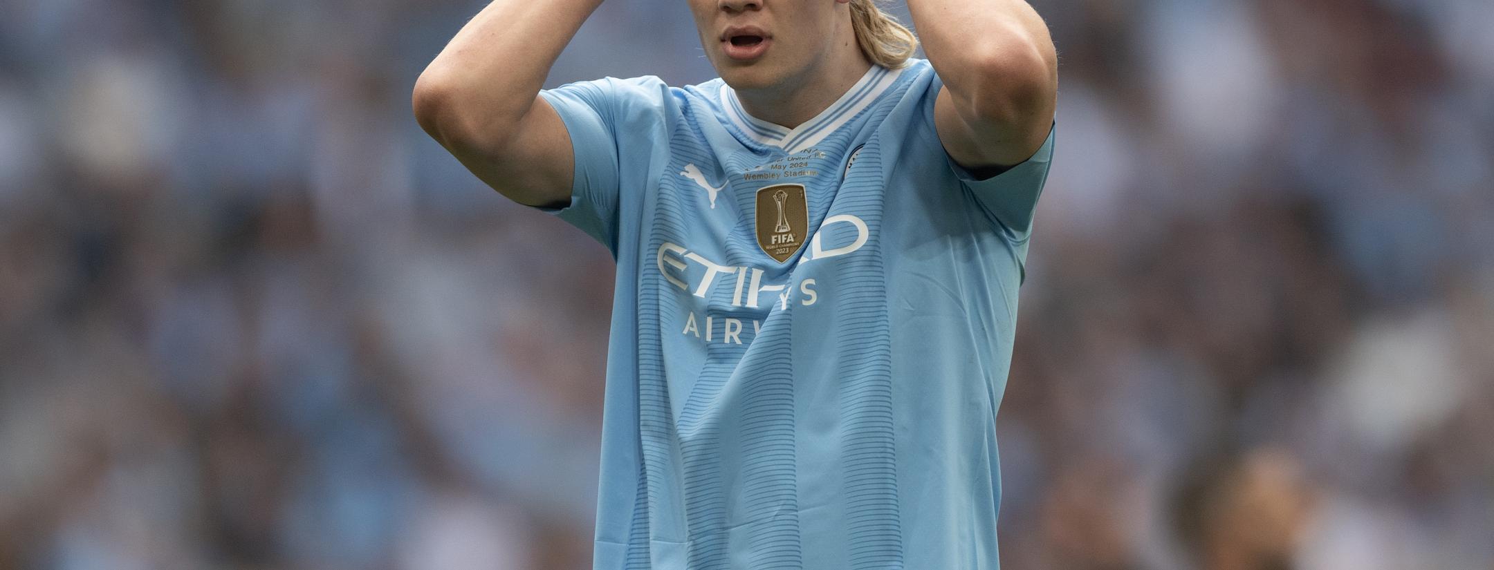 Erling Haaland reacts during Emirates FA Cup Final match between Manchester City and Manchester United