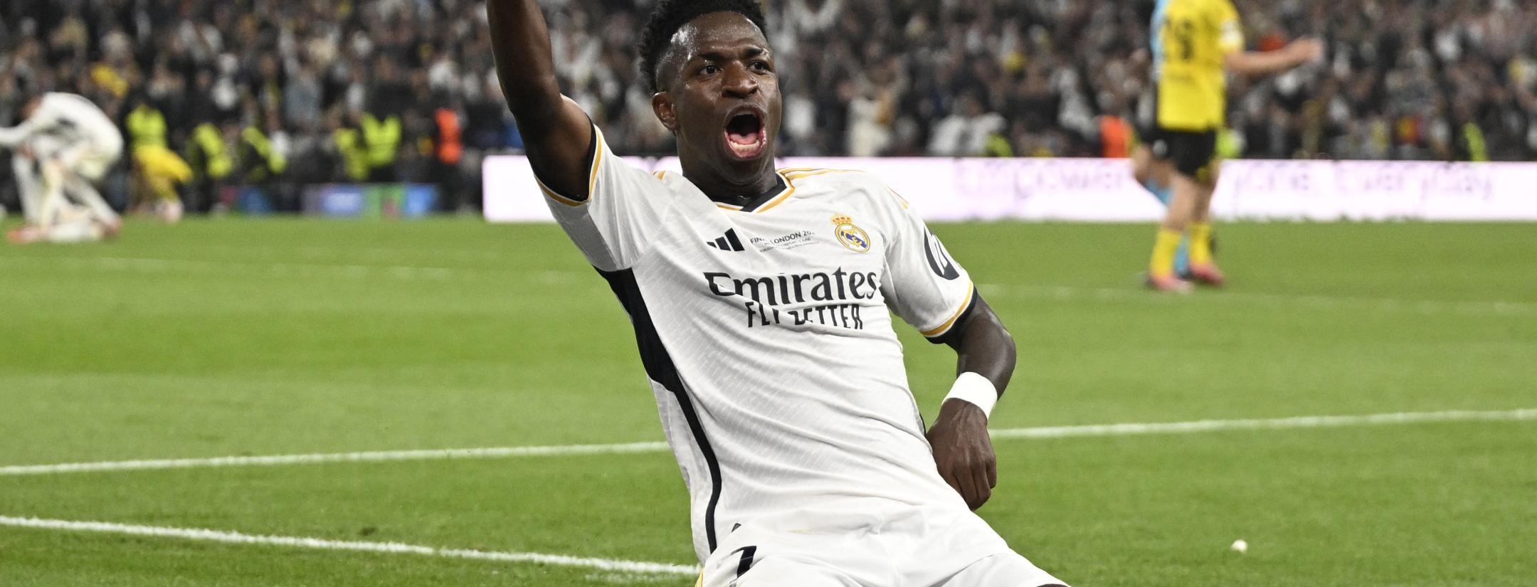 Vinicius Junior celebrates after scoring his team's second goal during the UEFA Champions League final against Borussia Dortmund 