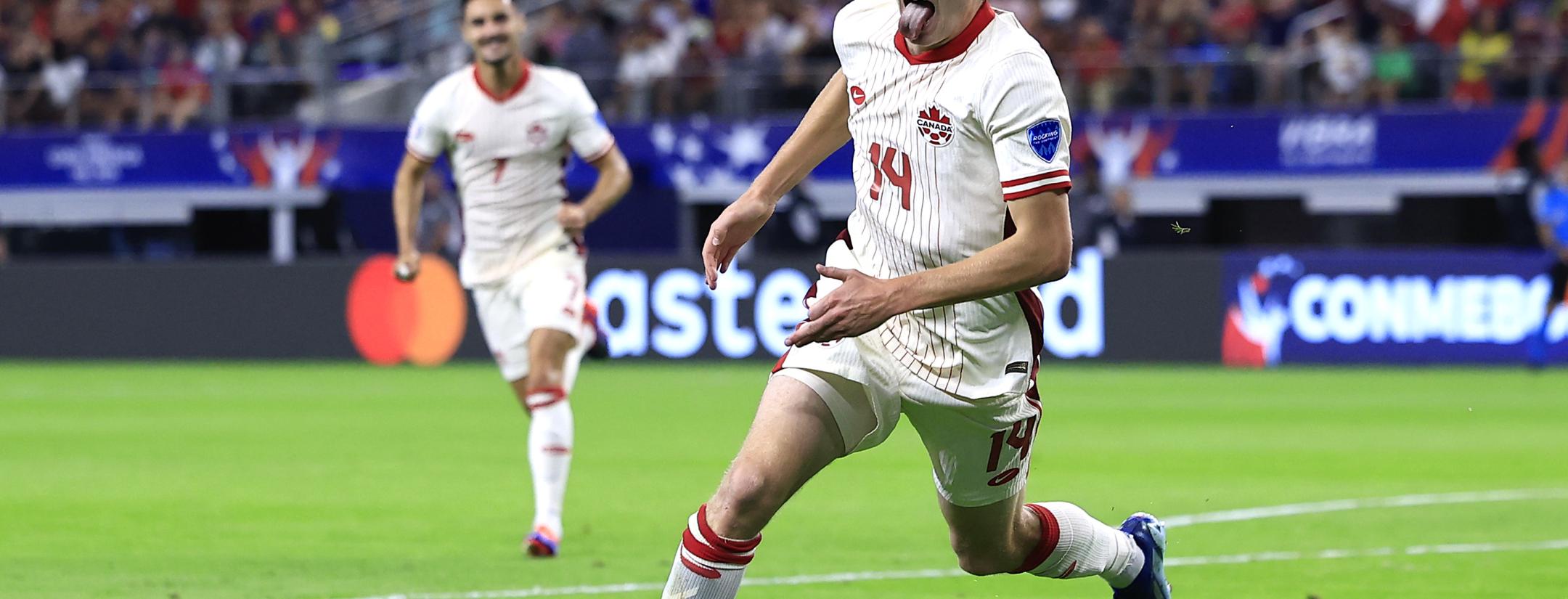 Jacob Shaffelburg of Canada celebrates after scoring the team's first goal during the CONMEBOL Copa America 2024 quarter-final match between Venezuela and Canada at AT&T Stadium on July 05, 2024 in Arlington, Texas.