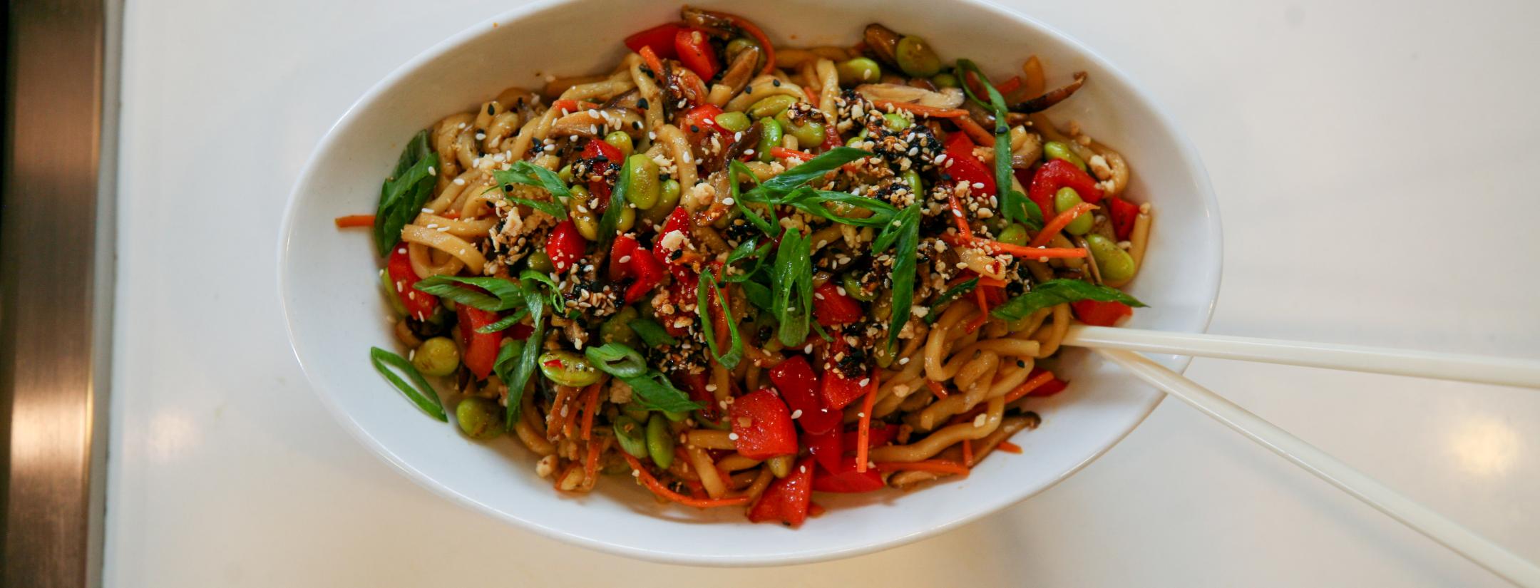 Udon noodles with peanut chili sauce recipe