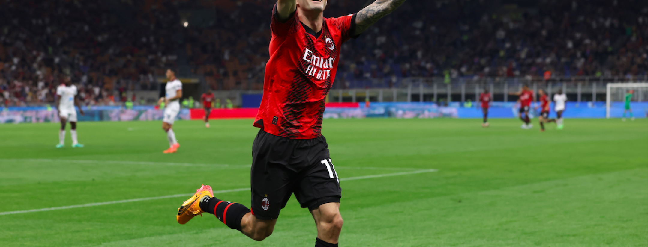 Christian Pulisic celebrates goal for AC Milan against Cagliari in Serie A