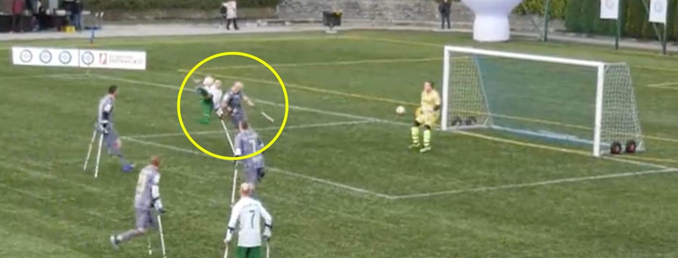Amputee soccer player scores scissor kick