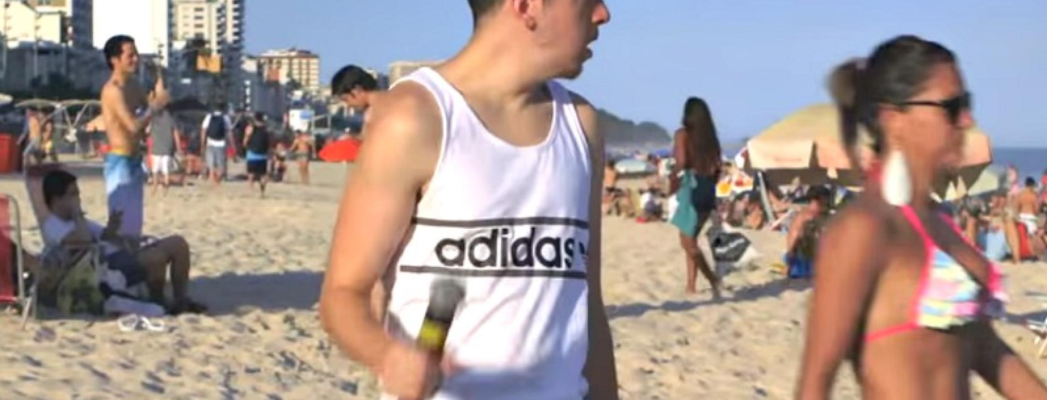 Christopher Mintz-Plasse (a.k.a. McLovin) ogles a beautiful woman in a bikini on the beach