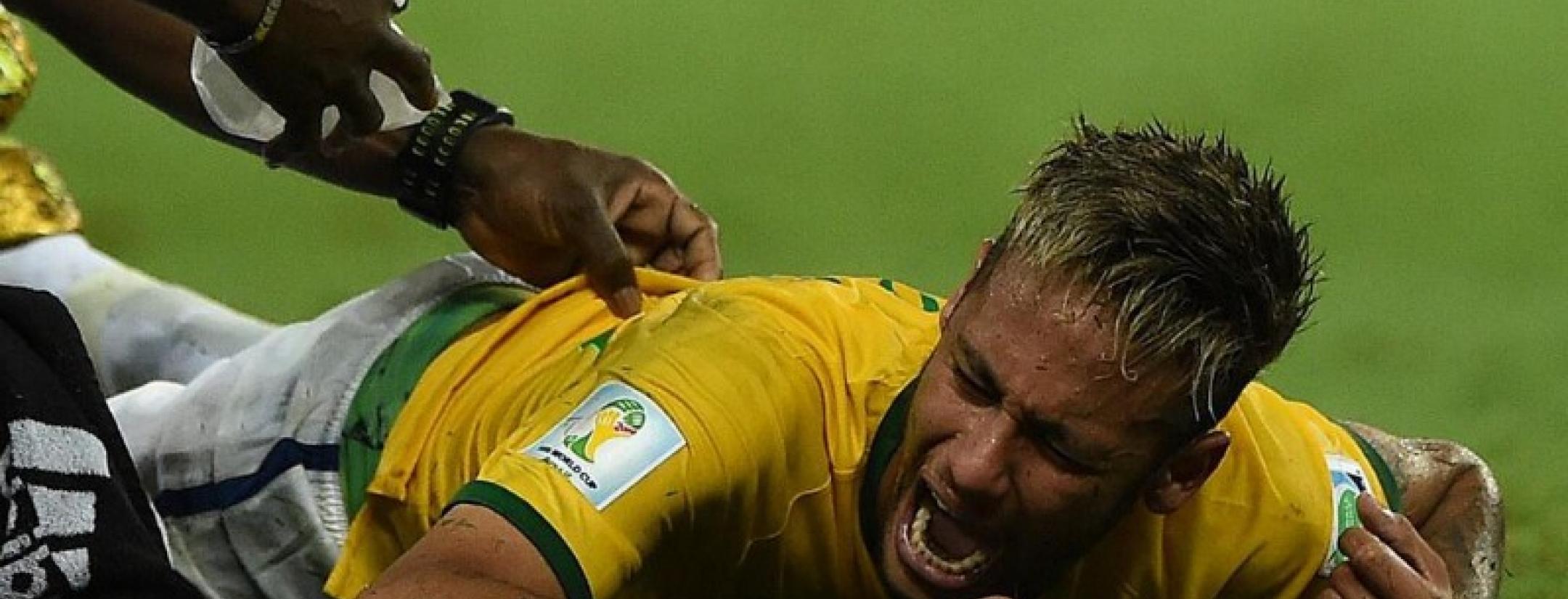 Neymar cries out in pain after breaking a vertibrae at the 88th minute