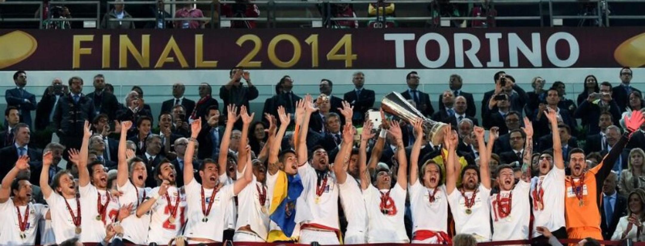 Sevilla FC celebrates after their win against Benfica