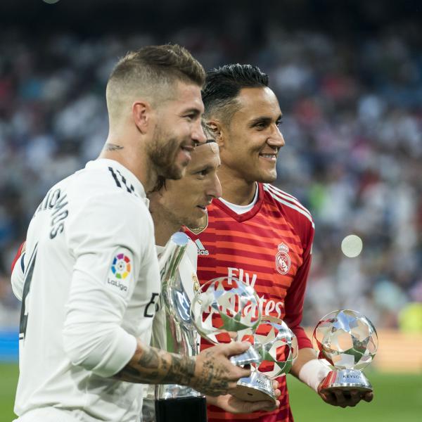 Sergio Ramos, Luka Modric and Keylor Navas of Real Madrid pose with their 2017/18 UEFA Men's Defender, Player of the Year and Goalkeeper of the year awards respectively