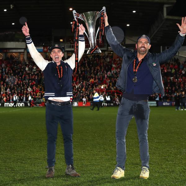 Rob McElhenney and Ryan Reynolds, Owners of Wrexham celebrate with the Vanarama National League trophy