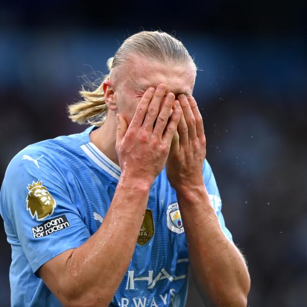 Erling Haaland reacts in Manchester City-Arsenal