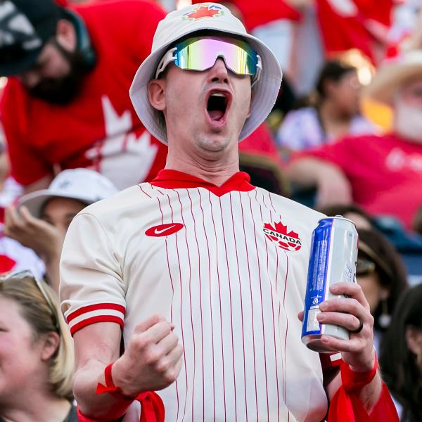 A Canada fan celebrates a goal during the COPA America group A match between Canada and Peru on Tuesday June 25, 2024 at Children's Mercy Park in Kansas City, KS.