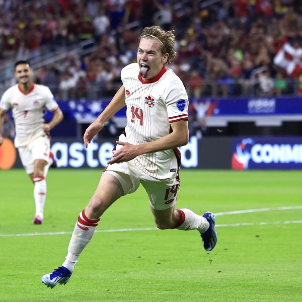 Jacob Shaffelburg of Canada celebrates after scoring the team's first goal during the CONMEBOL Copa America 2024 quarter-final match between Venezuela and Canada at AT&T Stadium on July 05, 2024 in Arlington, Texas.