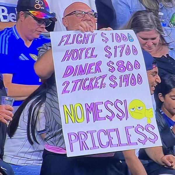 Fan at BC Place in Vancouver showing expenses to watch Lionel Messi