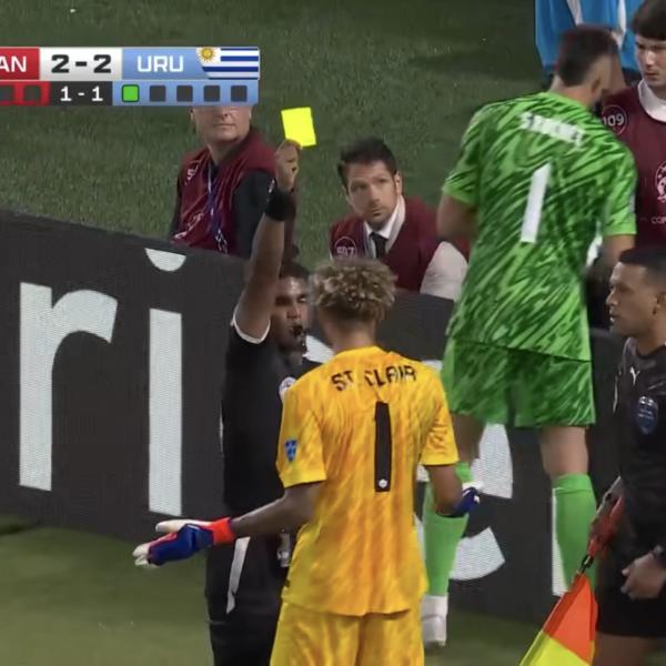 Dayne St. Clair yellow card for hiding Uruguay keeper penalty notes