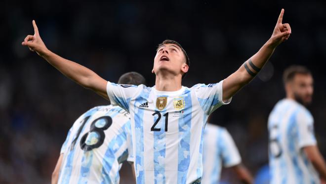 Paulo Dybala celebrates after Argentina's win over Italy in June 2022 