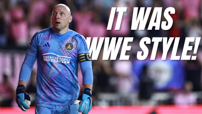 Brad Guzan pushed by Inter Miami players