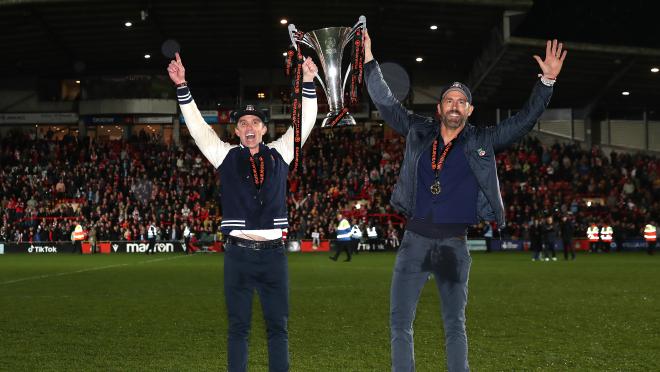 Rob McElhenney and Ryan Reynolds, Owners of Wrexham celebrate with the Vanarama National League trophy