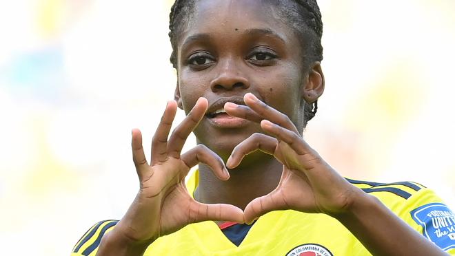 Colombian Linda Caicedo celebrates her goal vs South Korea at the 2023 World Cup.