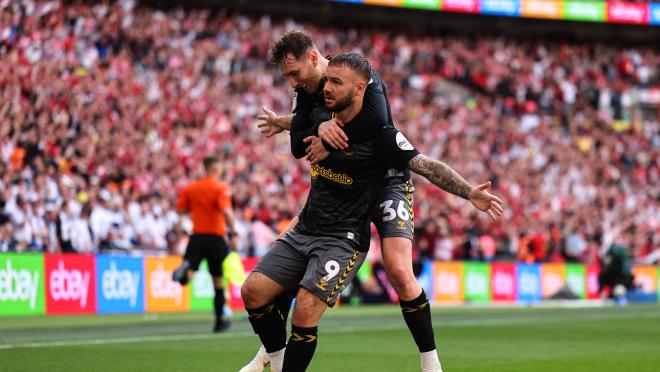 Adam Armstrong of Southampton celebrates after scoring a goal to make it 0-1 during the Sky Bet Championship Play Final