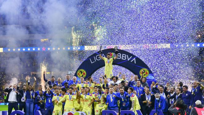 Players of Club América celebrate with Liga MX Clausura 2024 champions trophy