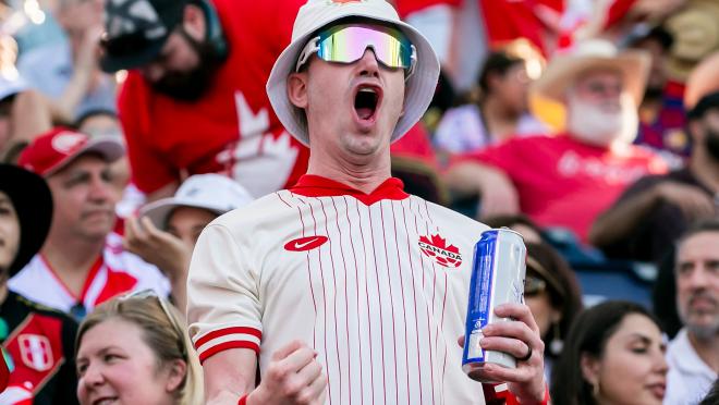A Canada fan celebrates a goal during the COPA America group A match between Canada and Peru on Tuesday June 25, 2024 at Children's Mercy Park in Kansas City, KS.