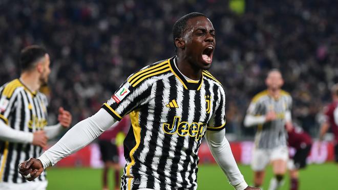 Tim Weah celebrates his first goal in Serie A for Juventus