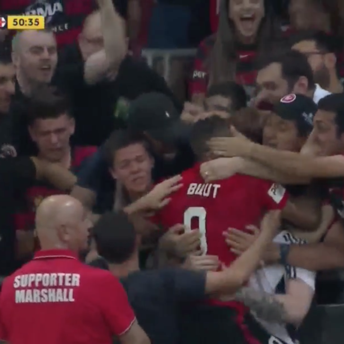 Player still celebrates after being offside. 