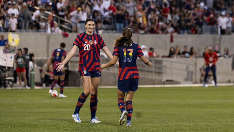 Sophia Smith celebrates with Alex Morgan after her first USWN goal.