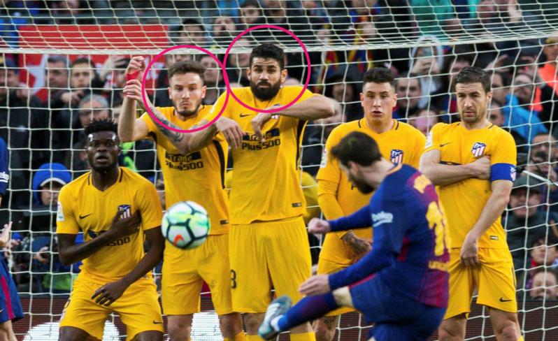 Lionel Messi Free Kick vs Atleti, Diego Costa reacts in the wall