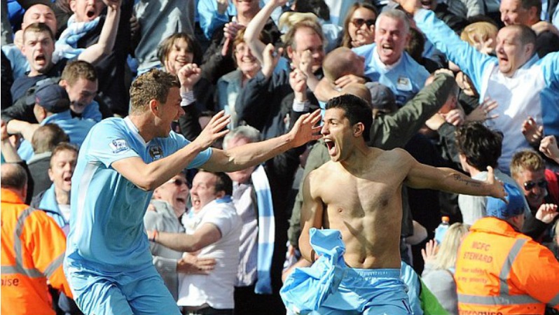 Sergio Aguero celebrating his last second goal: an example of last minute goals. 